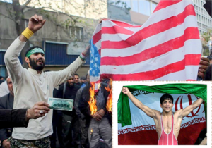Iranian protesters burn an American flag during a demonstration following the US State Department’s visa denial for Iran’s wrestling federation head, Alireza Dabir.