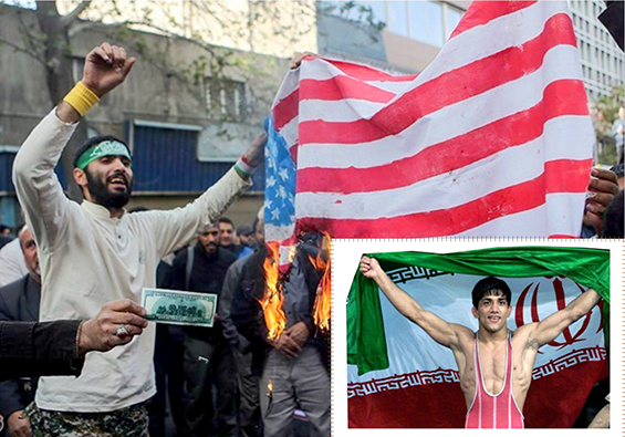 Iranian protesters burn an American flag during a demonstration following the US State Department’s visa denial for Iran’s wrestling federation head, Alireza Dabir.